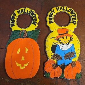 Vtg 80s Happy Halloween Pumpkin & Scarecrow PAIR Fabric Doorknob Hangers